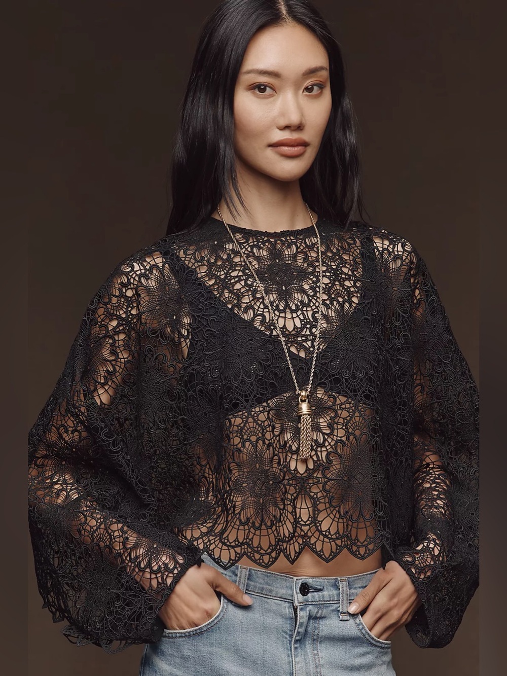 New NWT Anthropologie Current Air Cutwork Lace Poncho Top black one size
